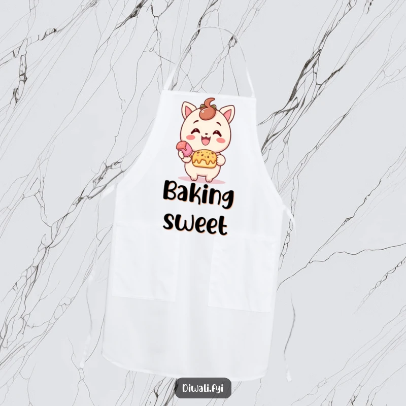 Funny treat offering apron, delighted character offering sweet treat with smile, cheerful kitchen accessory, baker's gift.