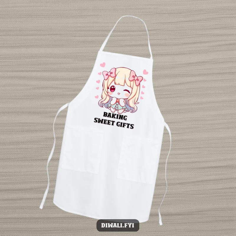 Funny apron featuring a character offering sweets with a bow, perfect for bakers and hosts who love to share.