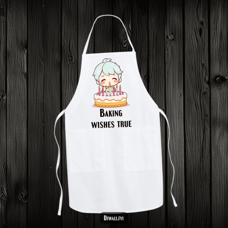 Funny apron showing a smiling character blowing out candles on a festive birthday cake, ideal for bakers who want to add humor to their celebratory creations.