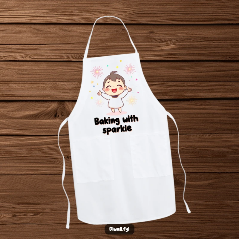 Funny joyful character in an apron, smiling while juggling colorful sparklers, adding flair to cooking.