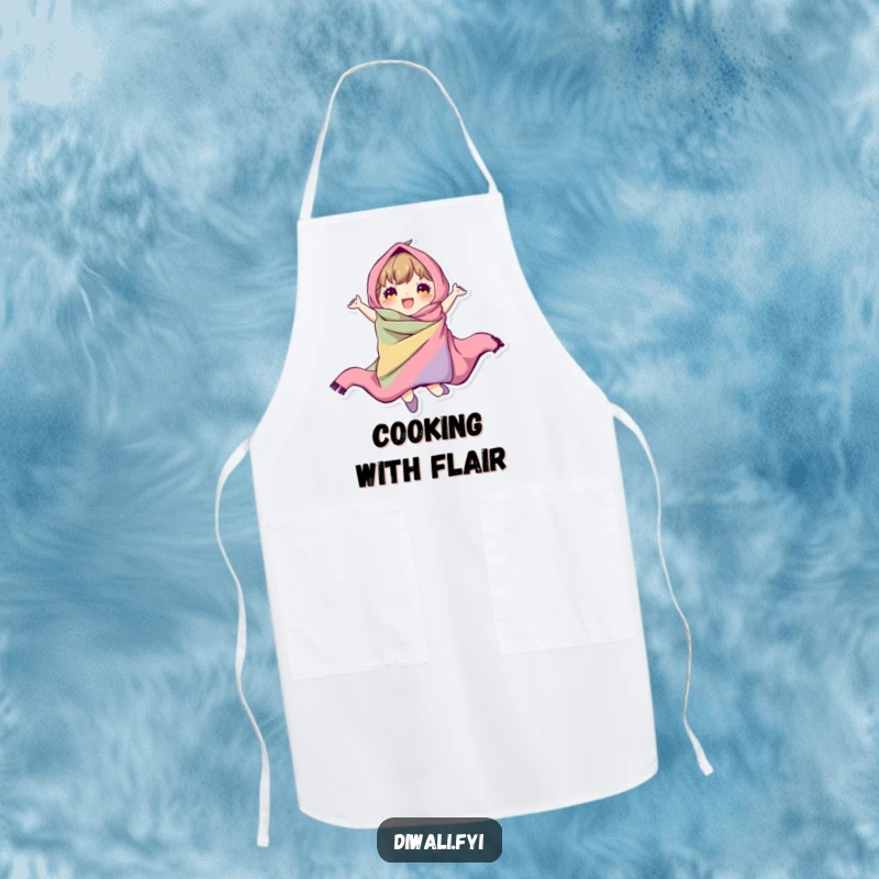 A character humorously jumping, wrapped in colorful fabric, depicted on an apron, ready for dynamic cooking.