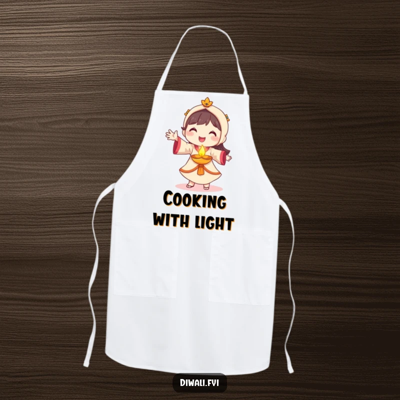 Funny diya dancer apron, smiling character dancing with glowing diya, festive kitchen accessory, celebration cook gift.