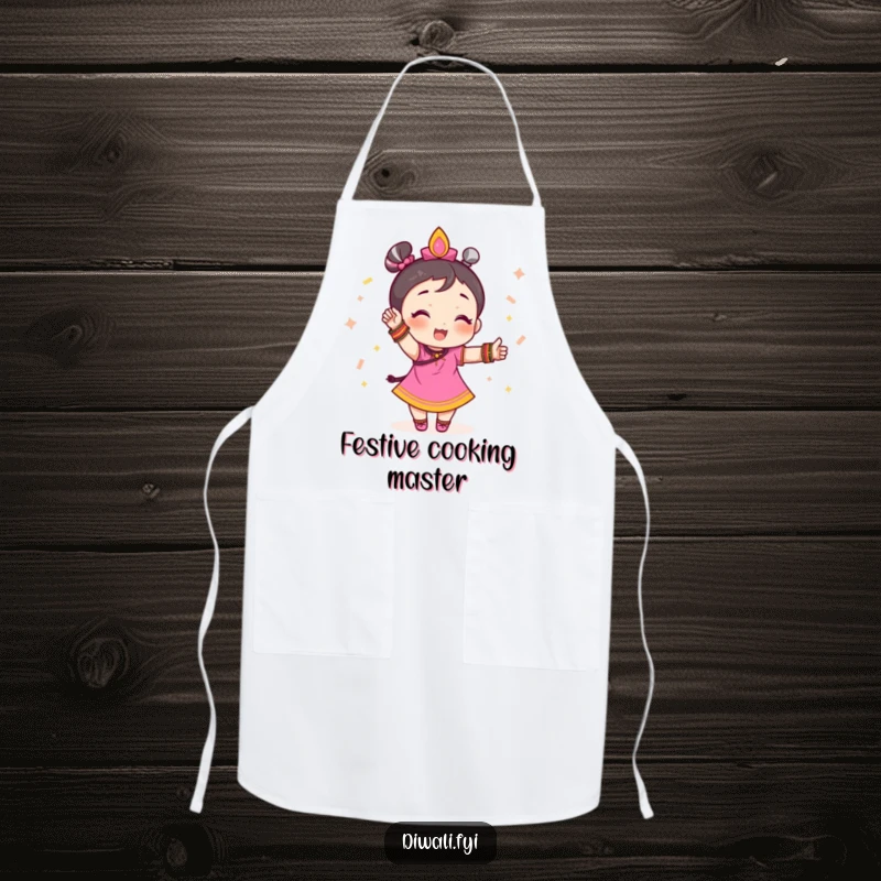 Funny apron showing a small character wearing festive bangles, striking a celebratory pose while cooking or baking.