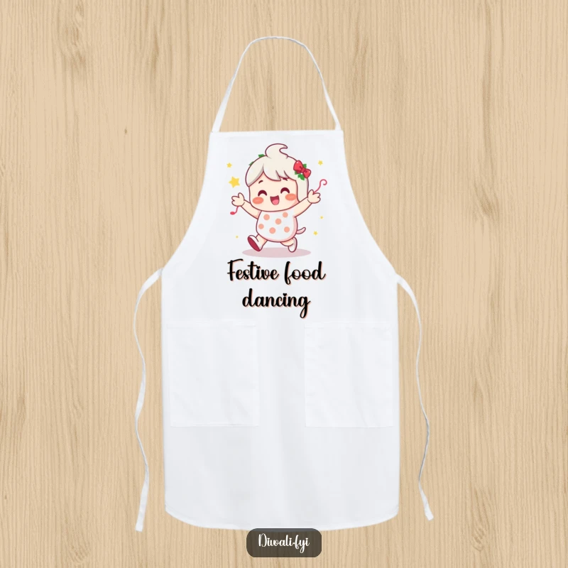 Funny apron showing a character doing a lively shuffle dance amidst cheerful festive decorations, ready for any party.