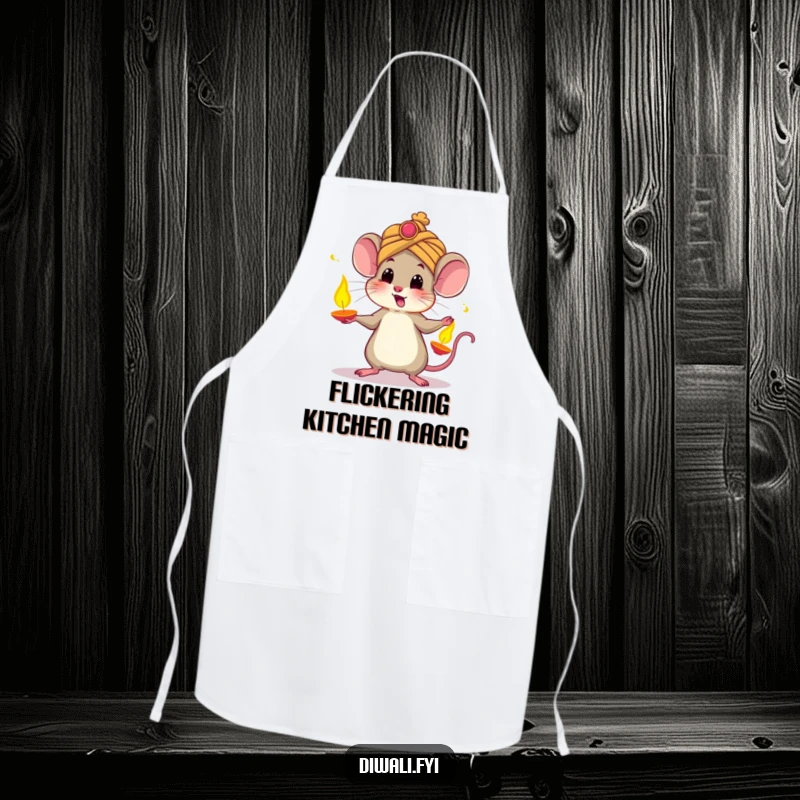 Funny apron showcasing a startled mouse in a turban, amusingly juggling glowing diyas, making festive cooking a joyous and humorous affair.