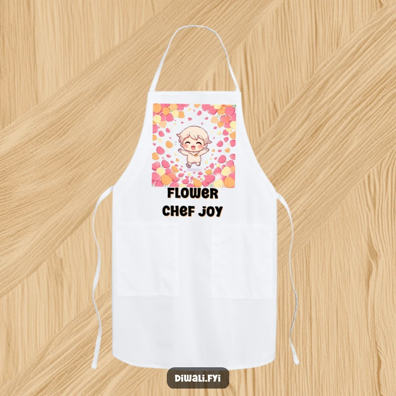 Funny Giggling Character Apron: A character giggles while running through colorful petals, a humorous and functional accessory for the kitchen.