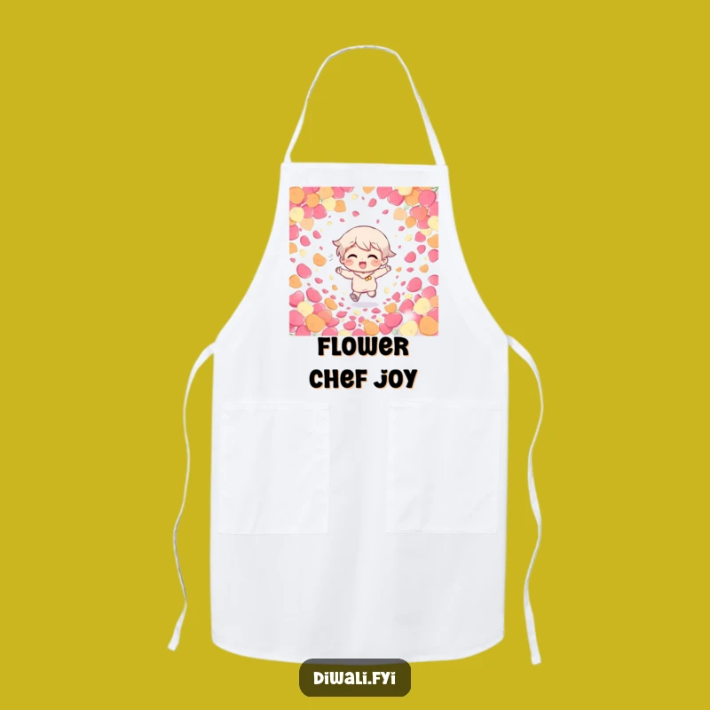 Funny Giggling Character Petal Apron: Kitchen apron with a giggling character running through petals, a fun funny gift.