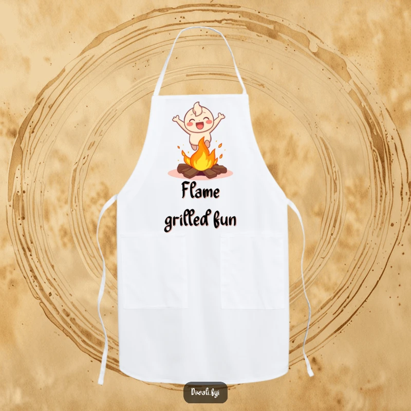 Funny apron showing a happy character performing a daring leap over a small bonfire, perfect for chefs who enjoy a humorous and thrilling theme.