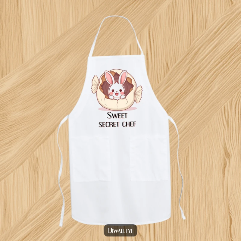 Funny apron design of a surprised bunny peeking from a giant, cracked sweet wrapper, ideal for humorous kitchen activities.