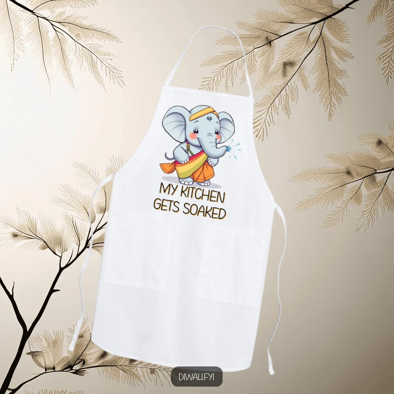 Funny apron showcasing a happy elephant in a colorful sari, playfully spraying water, making kitchen duties a joyous and refreshing experience.