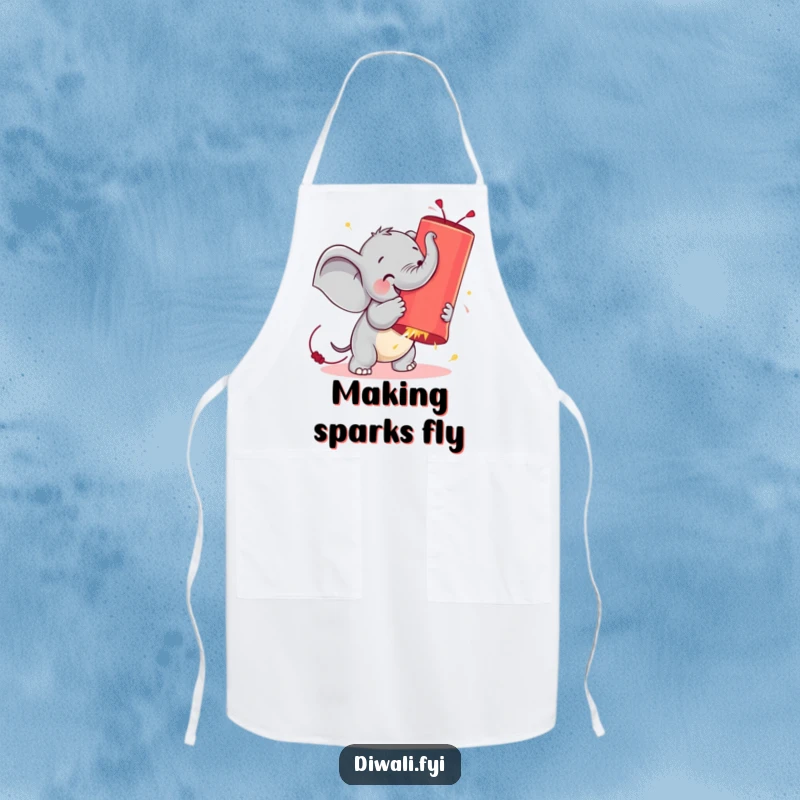 Funny apron showing a small elephant preparing to battle a gigantic, glowing firecracker, ideal for humorous kitchen activities.