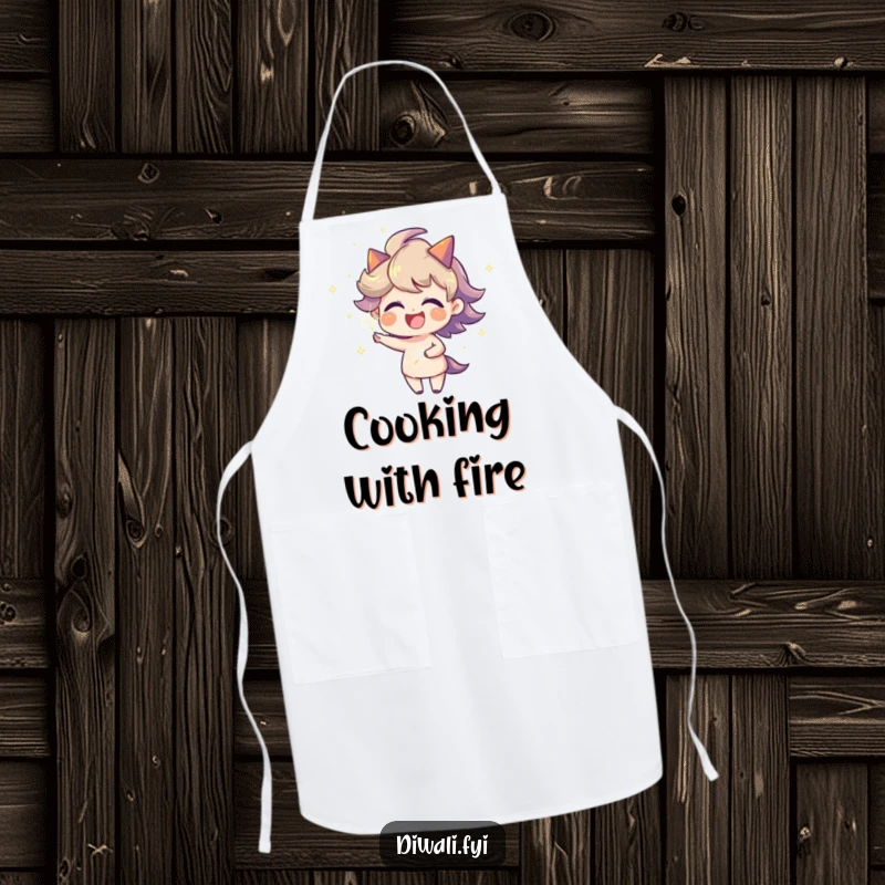 Funny joyful character with a fiery aura spinning a sparkler on an apron, bringing festive energy and humor to the kitchen.