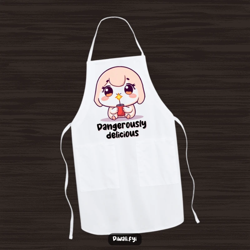 Funny kawaii character with sparkling eyes, holding a small firecracker, ready to add zest to cooking.