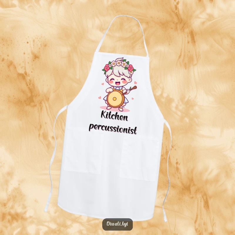 Funny Apron: Delighted character with a flower garland, playing a drum, ideal for kitchen beats.