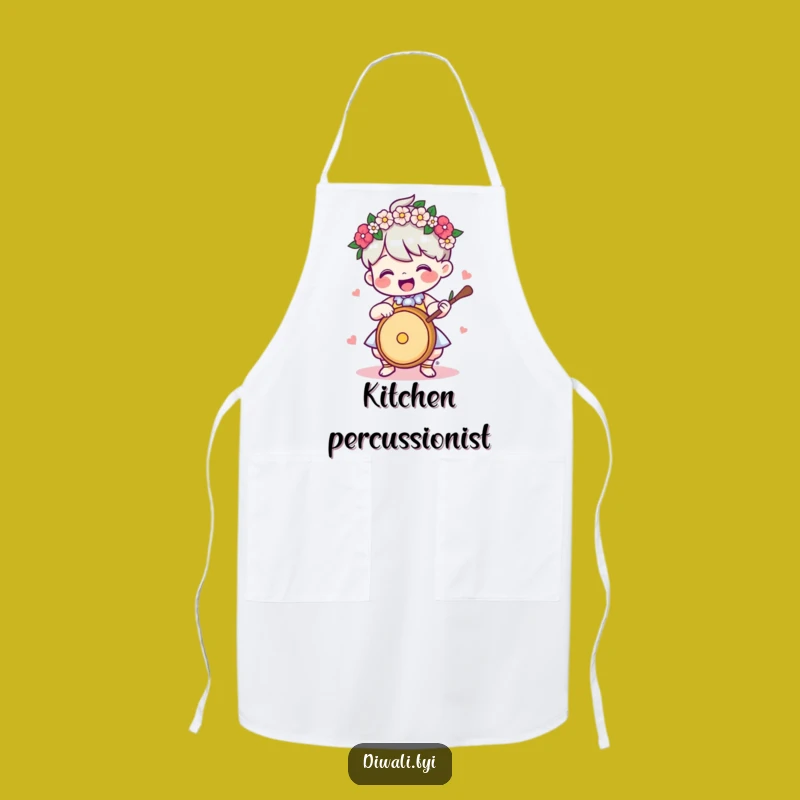 Funny Kitchen Apron: Drummer Character With Garland, Hilarious Gift
