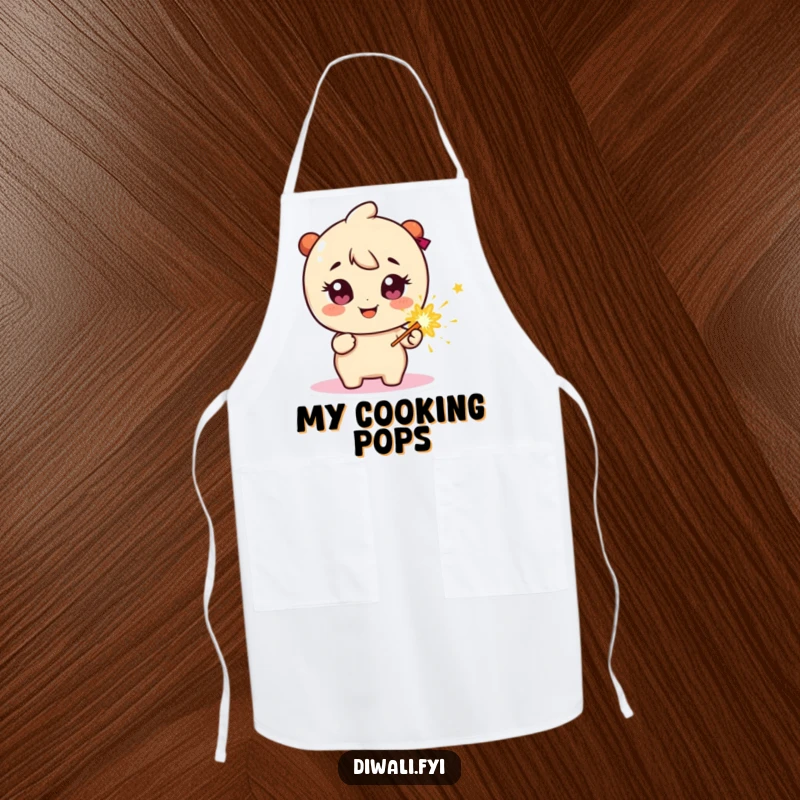 Funny Apron: Happy character with sparkly eyes, holding a firecracker, ideal for festive cooking.