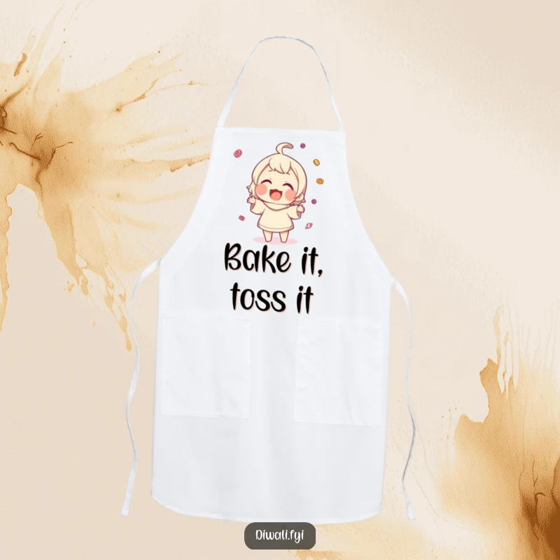 Funny apron showing a character gleefully tossing small sweets into the air, smiling widely, perfect for a fun baking session.