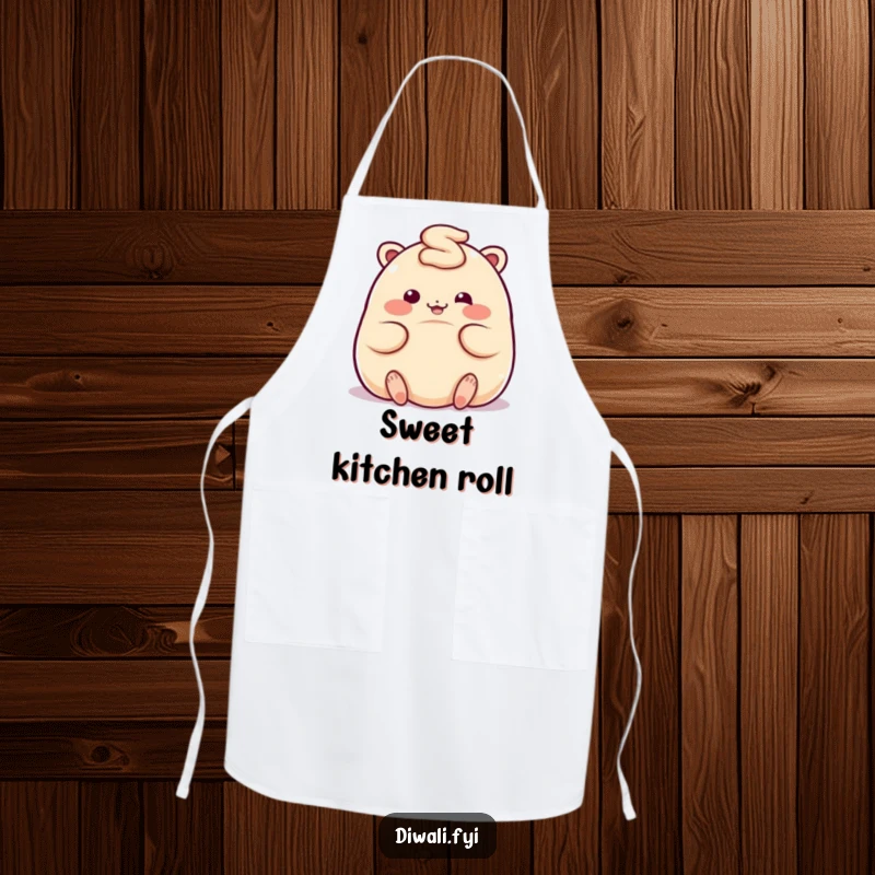 Funny apron featuring a plump, giggling ladoo character rolling playfully, ideal for sweet kitchen creations.