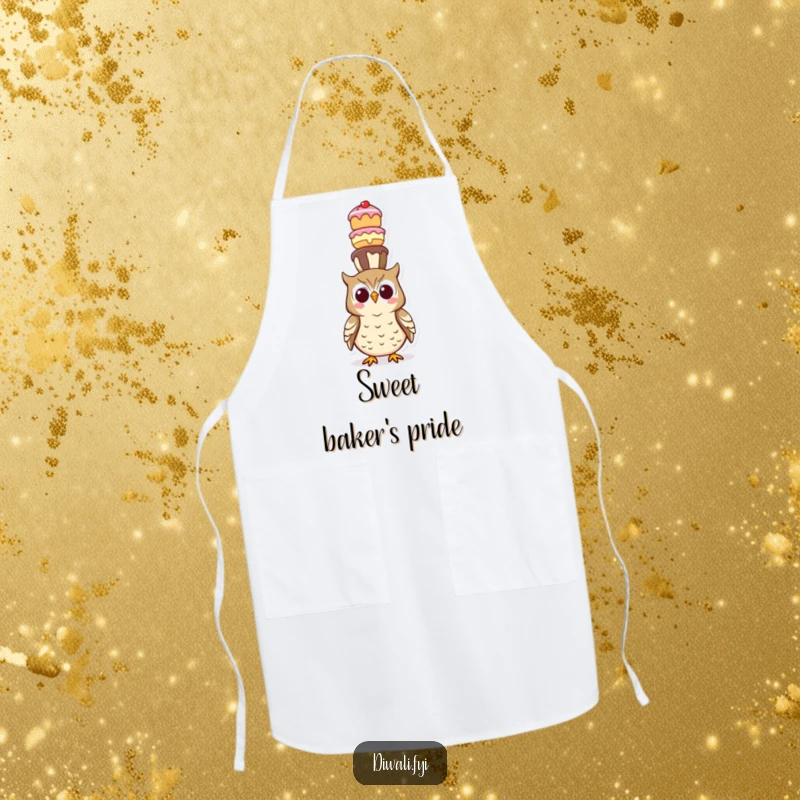 Funny apron design of a happy owl balancing a steep tower of various sweet treats on its head while cooking.