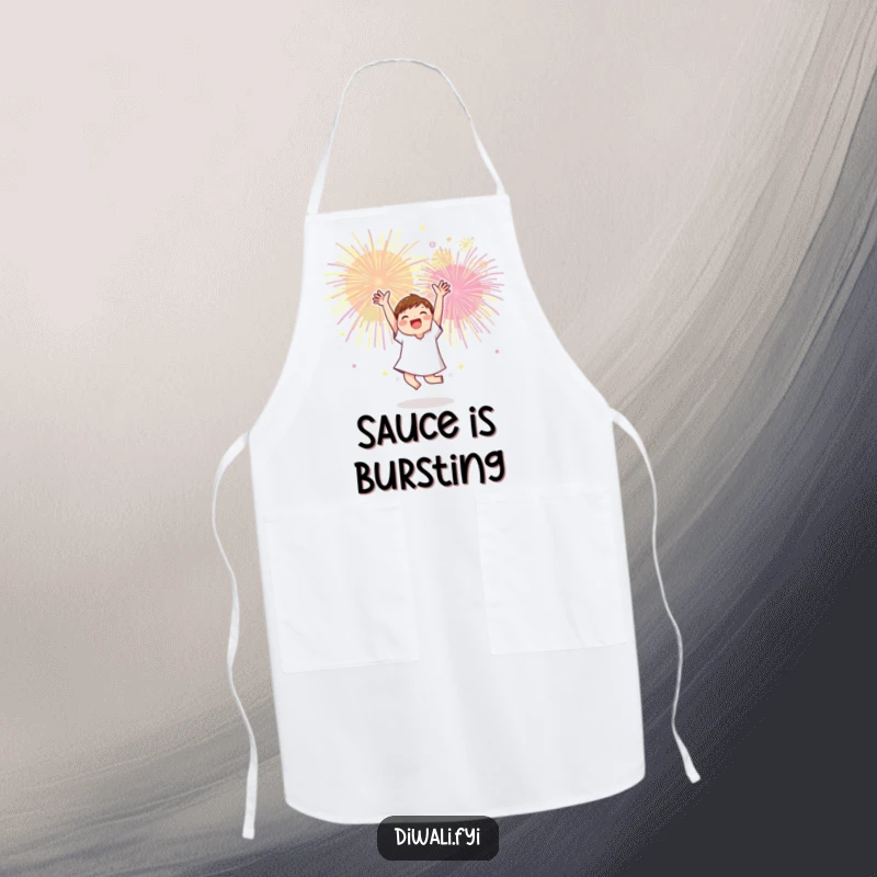 Funny apron showing a character dancing excitedly with arms up, under a sky of colorful fireworks, perfect for cooking.