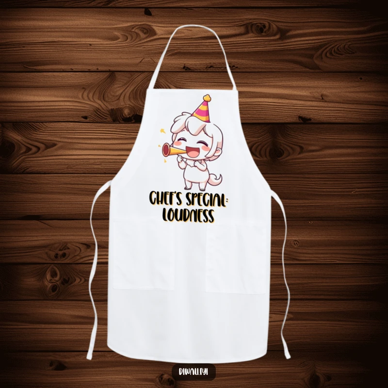 Funny apron design with a character laughing heartily while blowing a party horn, ideal for adding humor to kitchen activities.