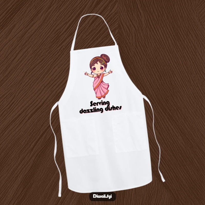 Funny apron featuring a cute character in a sari, dancing with sparklers, ready for kitchen fun.