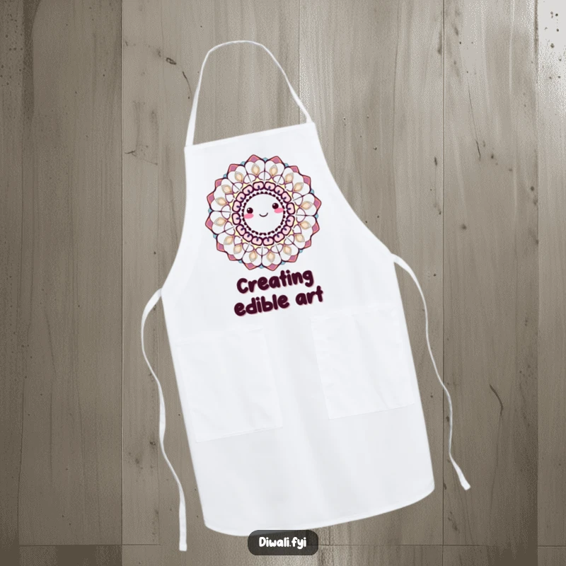 A smiling, spinning rangoli pattern in bright colors, humorously depicted on an apron, ready for kitchen creativity.