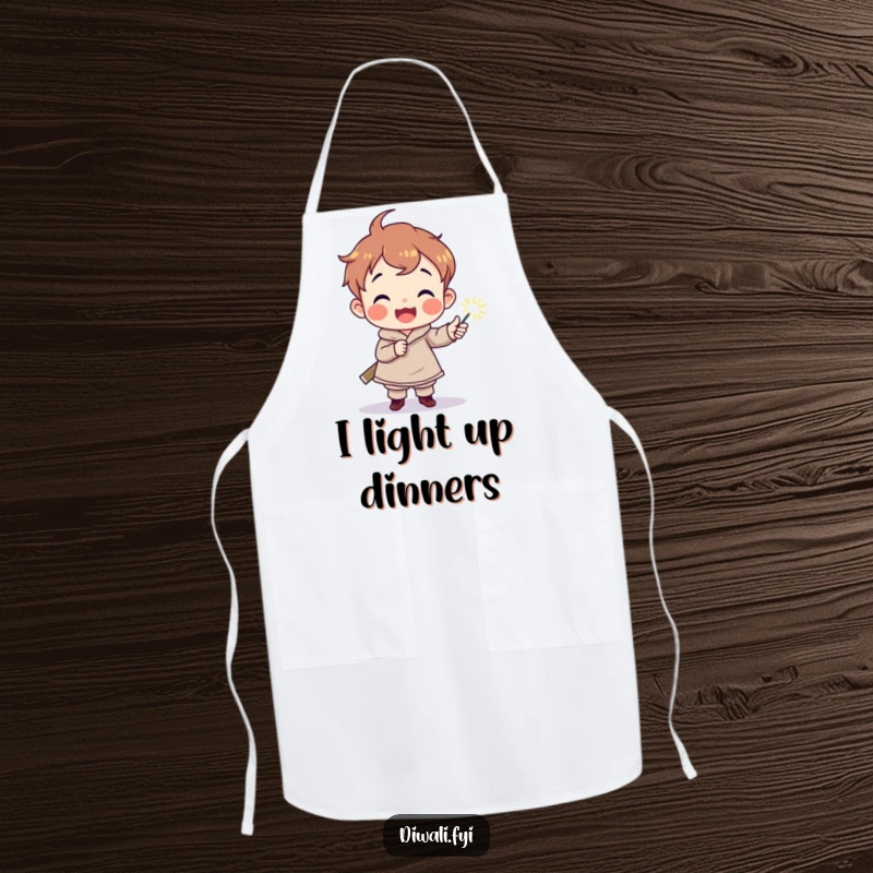Funny apron featuring a delighted child character holding a sparkler torch, perfect for adding a touch of magic to cooking.