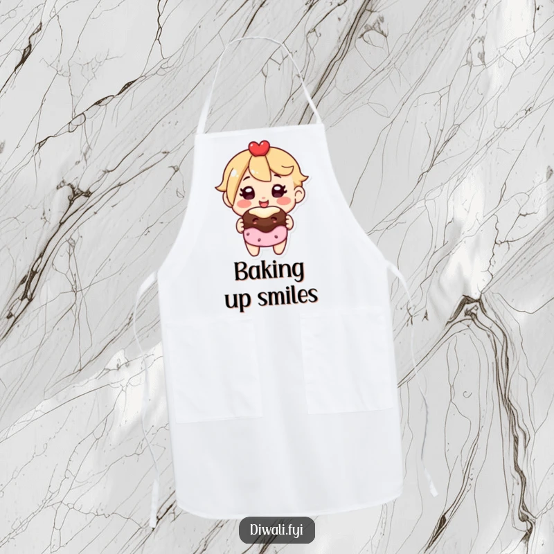 Funny apron showcasing a happy chef character offering a delicious sweet treat, perfect for a cheerful cooking experience.