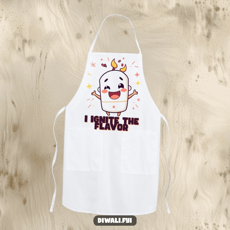 Funny apron featuring a mischievous firecracker character popping with happy excitement, perfect for adding a festive touch to cooking.