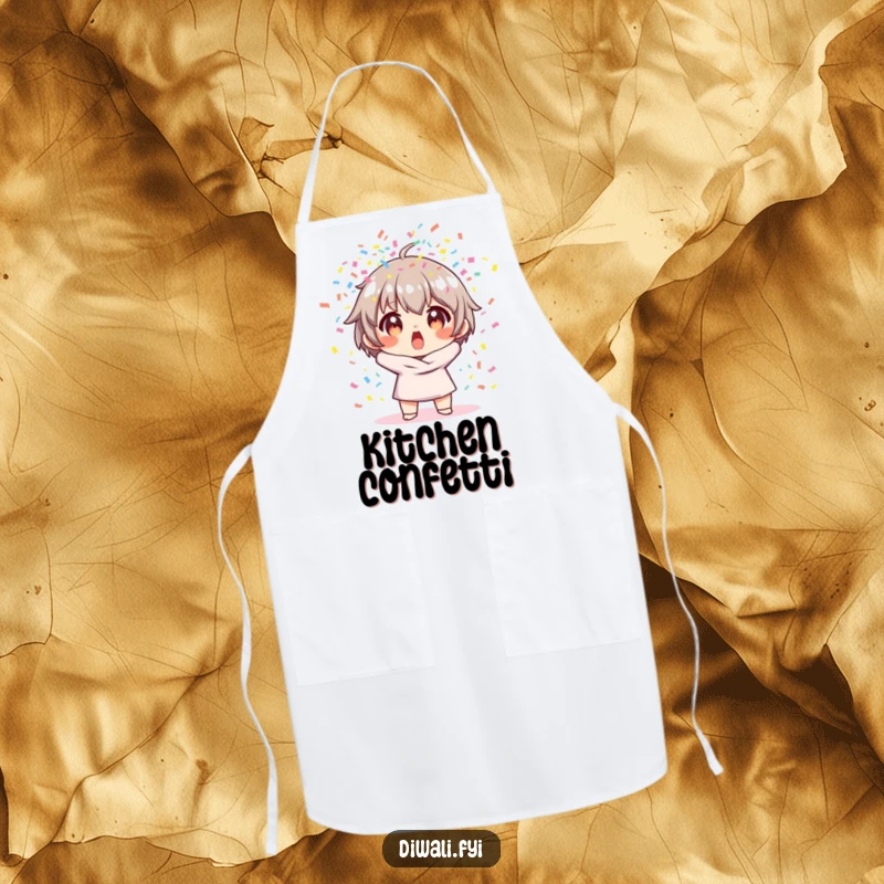 Funny apron showing a character with a surprised expression amidst a burst of colorful confetti, ready for a fun cooking session.