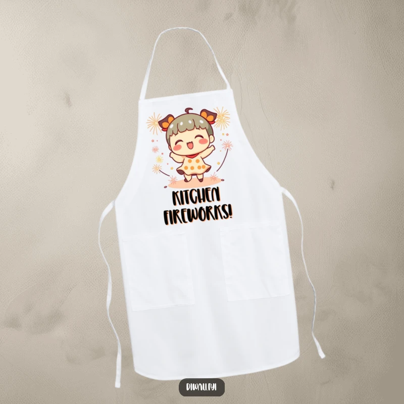 Funny apron showing a playful character dancing with small firecrackers, perfect for bringing festive energy to the kitchen.