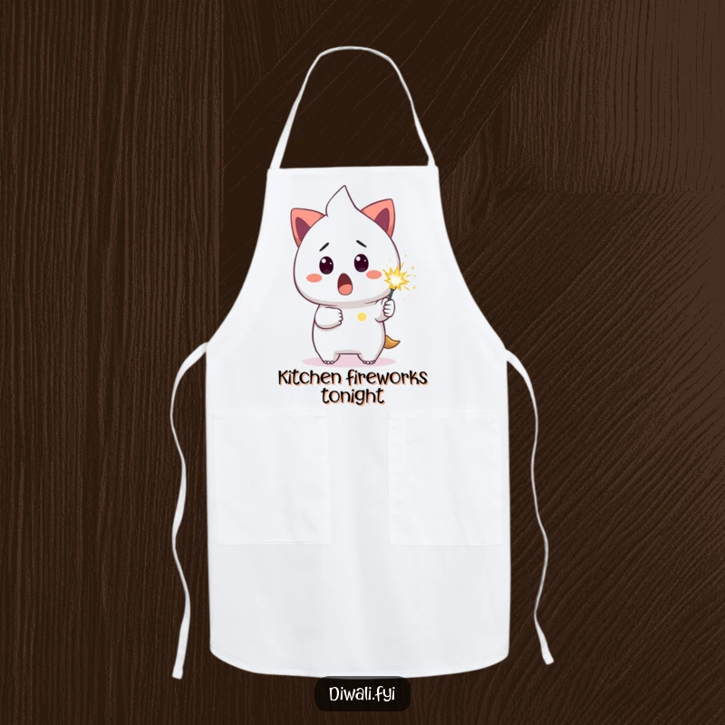 Funny apron showing a surprised character holding a small, glowing sparkler, ready for kitchen fun and humor.
