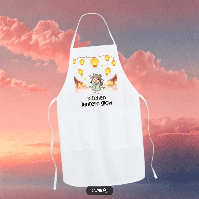 Funny lantern tossing apron, cute character joyfully tossing glowing lanterns, magical kitchen accessory, festive cook gift.