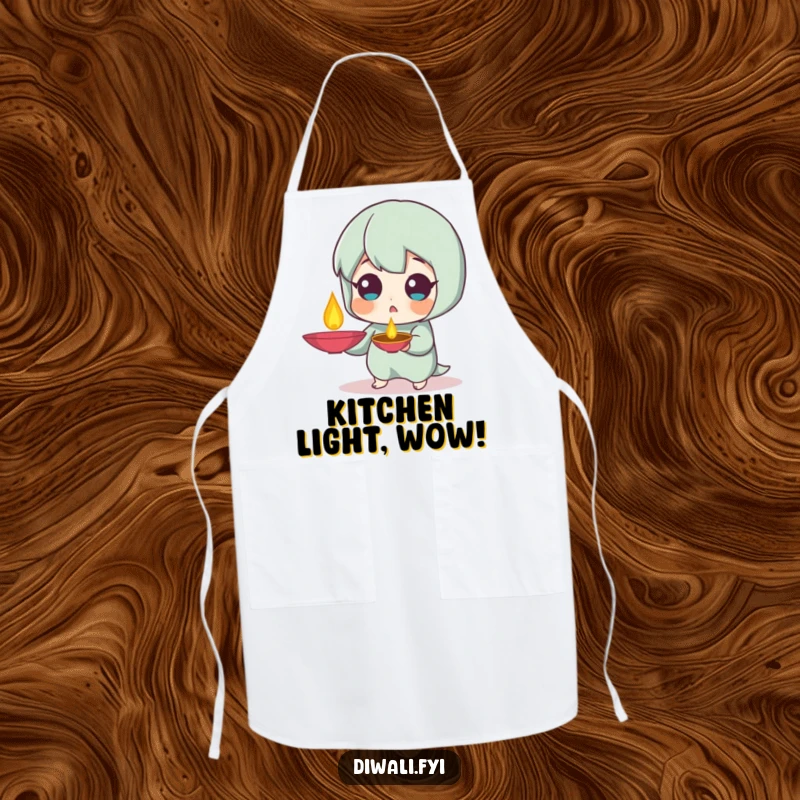 Funny Surprised Diya Apron: Kitchen apron with a character with a surprised expression holding a diya lamp. Fun funny gift.