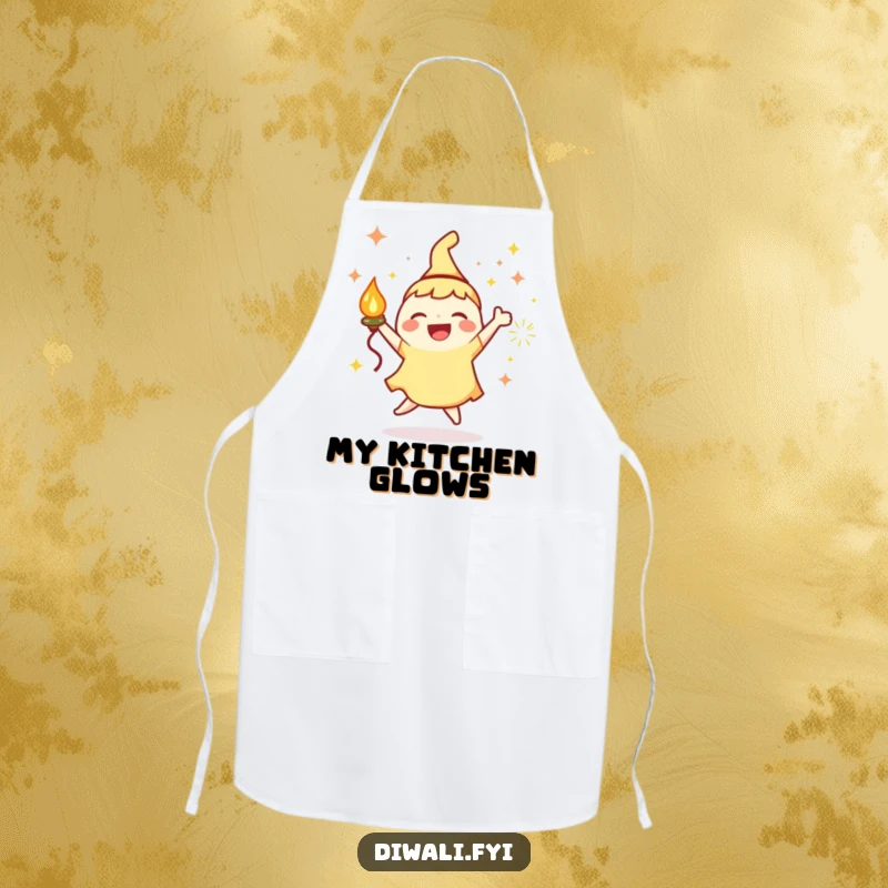 Funny Apron: Joyous character with a lamp and sparks, dancing energetically, ideal for kitchen fun.