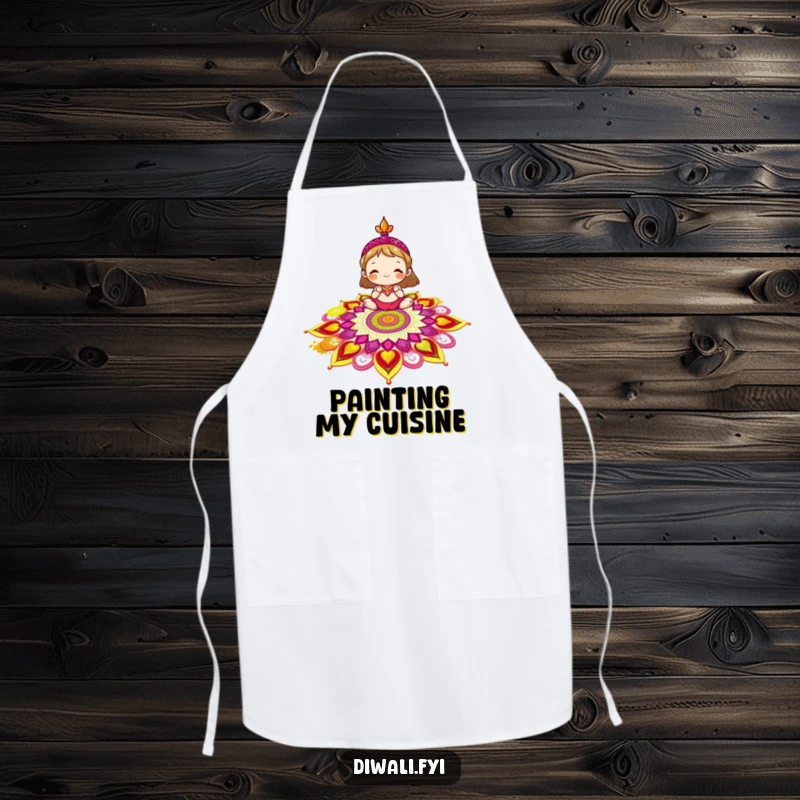 Funny rangoli apron showing a delighted character decorating a colorful rangoli pattern with powder, ready for creative endeavors.