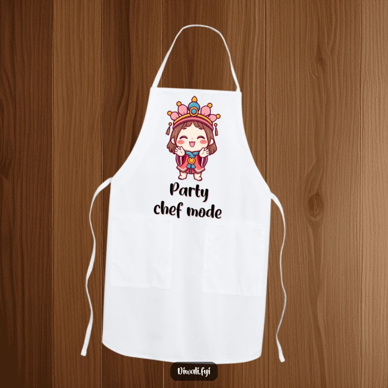 Funny Celebration Apron: A happy character in a festive headdress claps hands, a humorous and functional accessory for festive cooking.