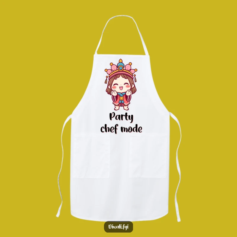 Funny Celebration Character Apron: Kitchen apron with a happy character festive headdress clapping, a fun funny gift.
