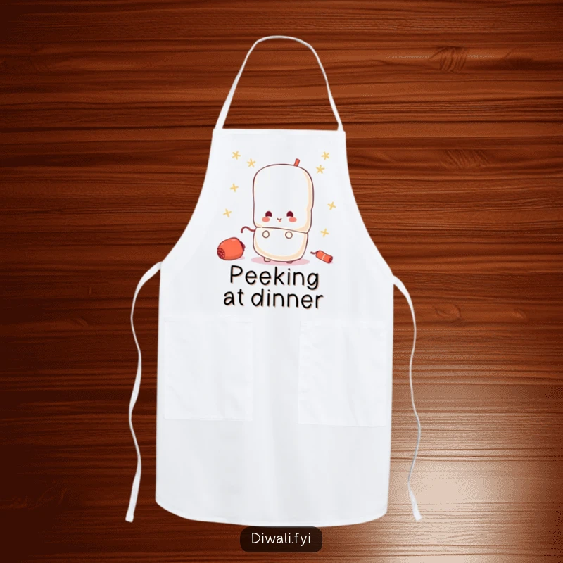 Funny apron featuring a small, curious firecracker character peeking from behind a larger one, adding kitchen fun.