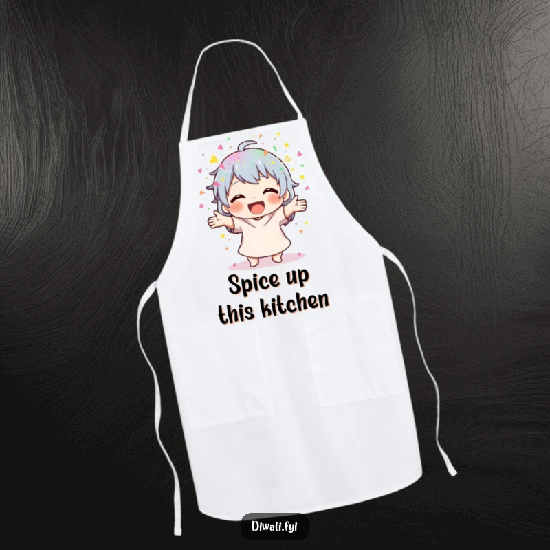 Funny Powder Scatterer Apron: Kitchen apron with a character joyfully scattering colorful powder. Fun funny gift.