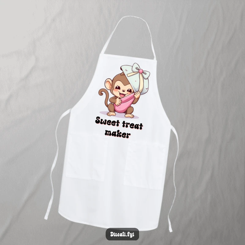 Funny apron design of a happy monkey excitedly unwrapping a giant, sparkling sweet, ideal for humorous kitchen activities.