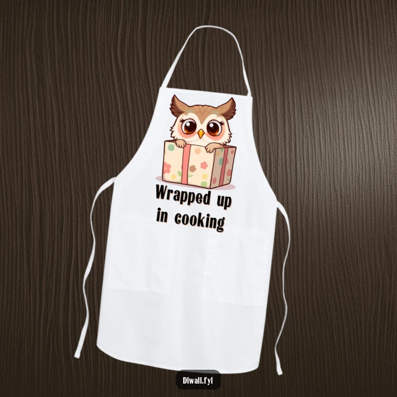 Funny apron showcasing a surprised owl peeking out of a decorated gift box, making kitchen duties a curious and humorous experience.