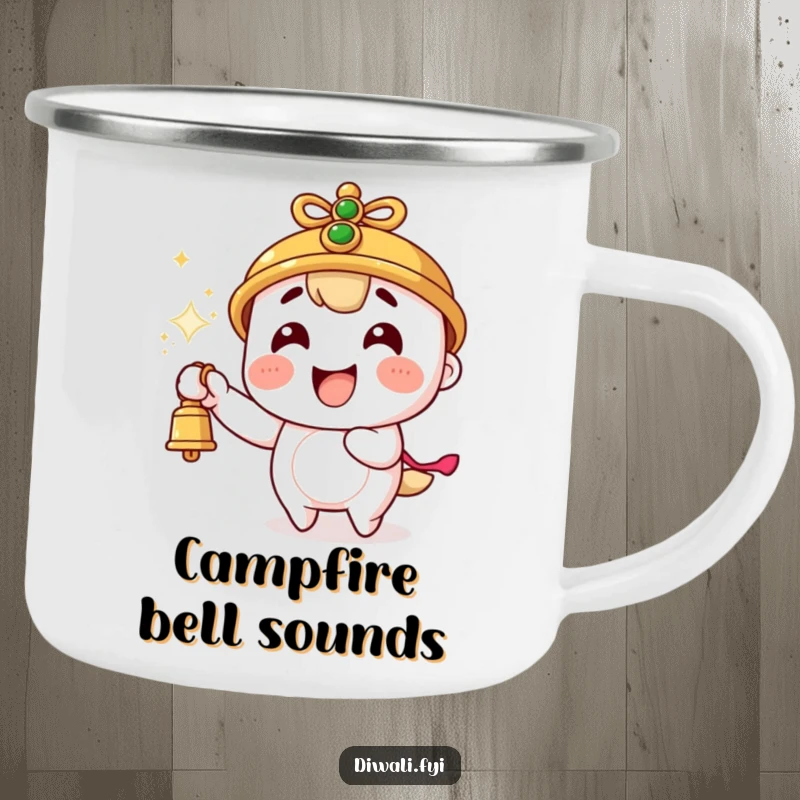 Funny camping mug showing an energetic character ringing a bell, with sparks flying, perfect for outdoor adventures and warm drinks.