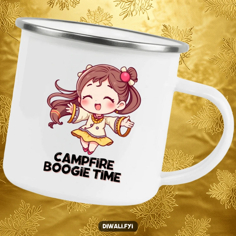 Funny camping mug with a character twirling, decorated with festive bangles for a celebratory touch during outdoor activities.