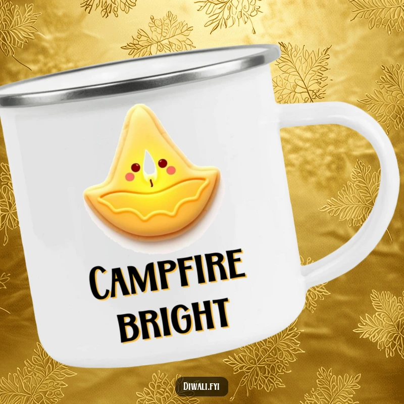 Funny camping mug with a cheerful sugar cookie diya lamp character radiating a warm, inviting glow, perfect for outdoors.