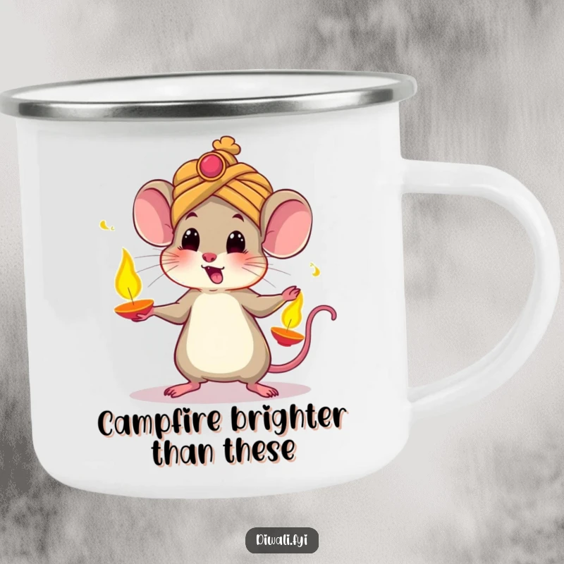 Funny enamel camping mug featuring a startled mouse in a turban, juggling glowing diyas, ready for festive outdoor adventures with humor.