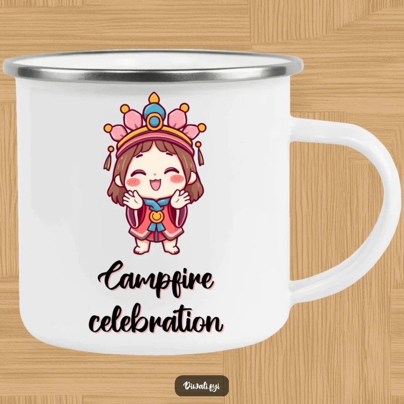 Funny Celebration Camping Mug: A happy character in a festive headdress claps hands, a humorous and durable mug for festive adventures.