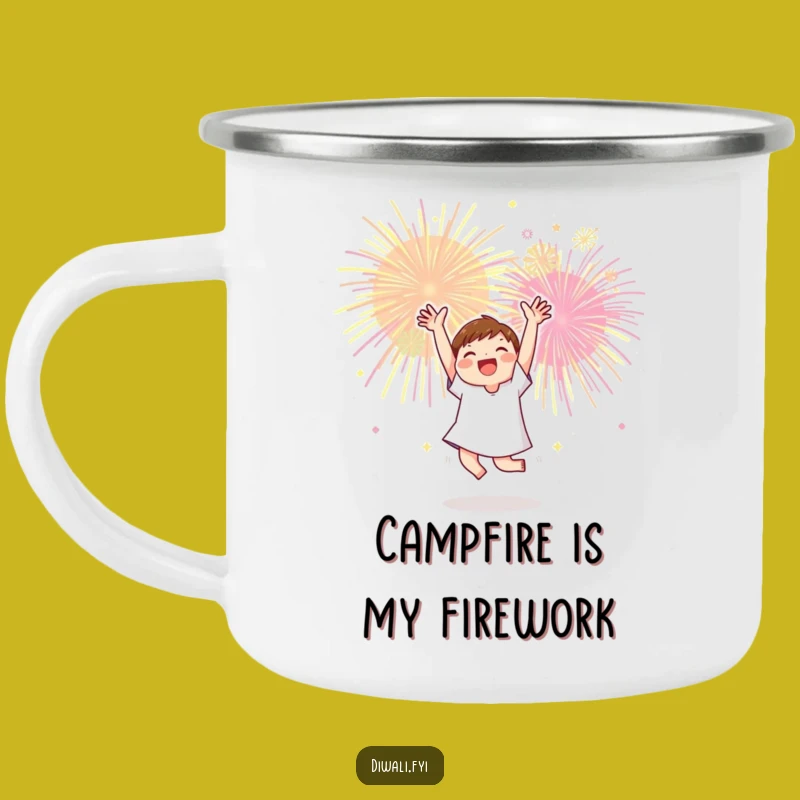 Funny Celebration Camping Mug: Dancing Character Outdoors, Fireworks Gift