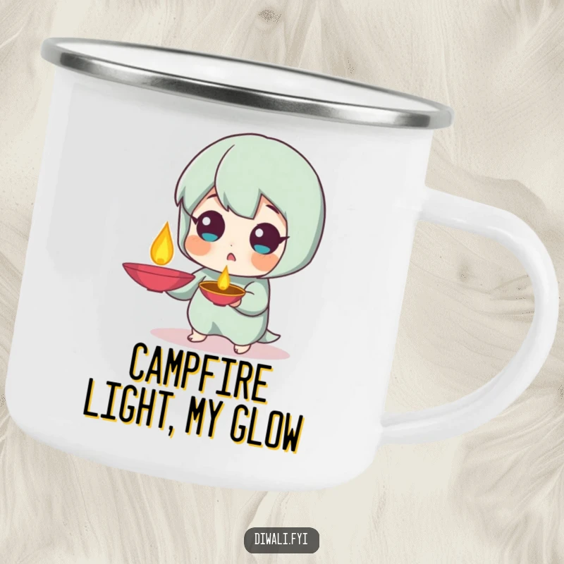 Funny Surprised Diya Camping Mug: Outdoor mug with a character with a surprised expression holding a diya lamp. Great funny gift.